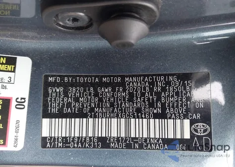 2016 Toyota Corolla Le from USA, damaged, VIN 2T1BURHEXGC511460